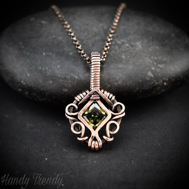 Green cubic zirconia pendant, Free-flow Copper Wire wrapped necklace, Unique handmade gift, One of a kind jewelry, Mini pendant