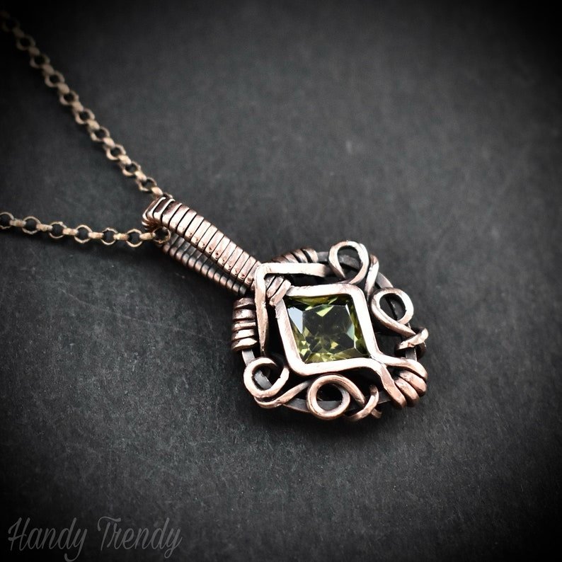 Green cubic zirconia pendant, Free-flow Copper Wire wrapped necklace, Unique handmade gift, One of a kind jewelry, Mini pendant