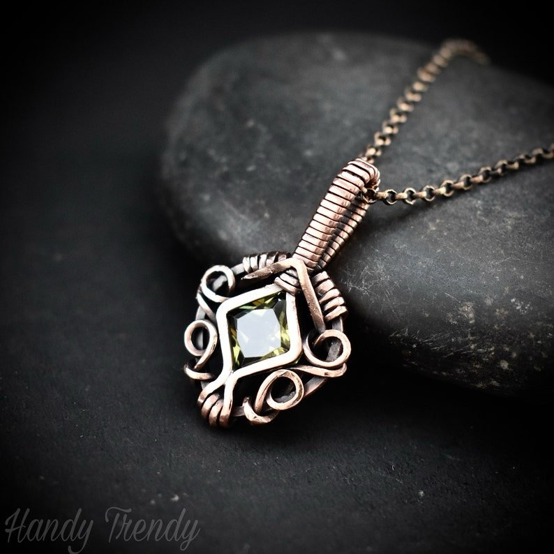 Green cubic zirconia pendant, Free-flow Copper Wire wrapped necklace, Unique handmade gift, One of a kind jewelry, Mini pendant