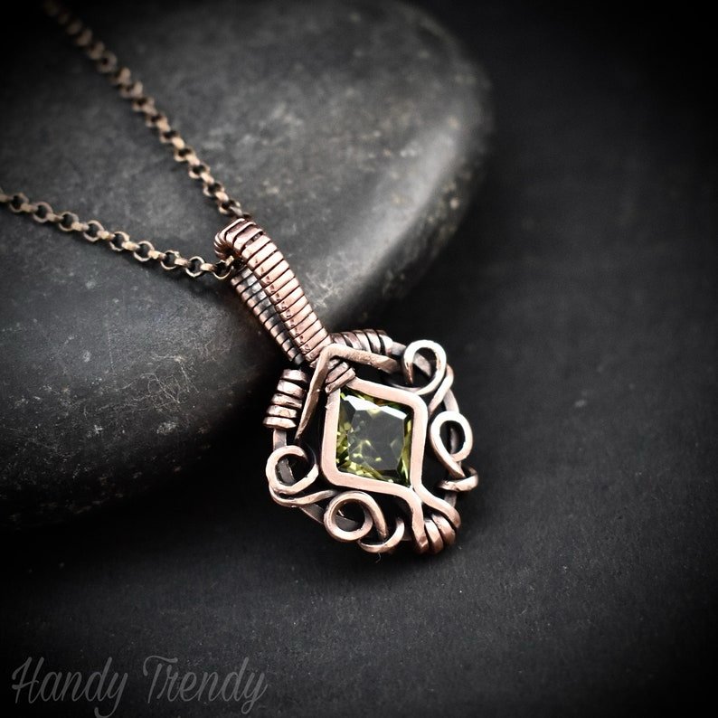 Green cubic zirconia pendant, Free-flow Copper Wire wrapped necklace, Unique handmade gift, One of a kind jewelry, Mini pendant