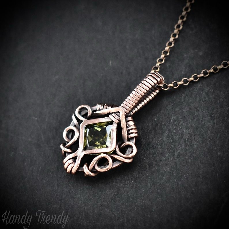 Green cubic zirconia pendant, Free-flow Copper Wire wrapped necklace, Unique handmade gift, One of a kind jewelry, Mini pendant