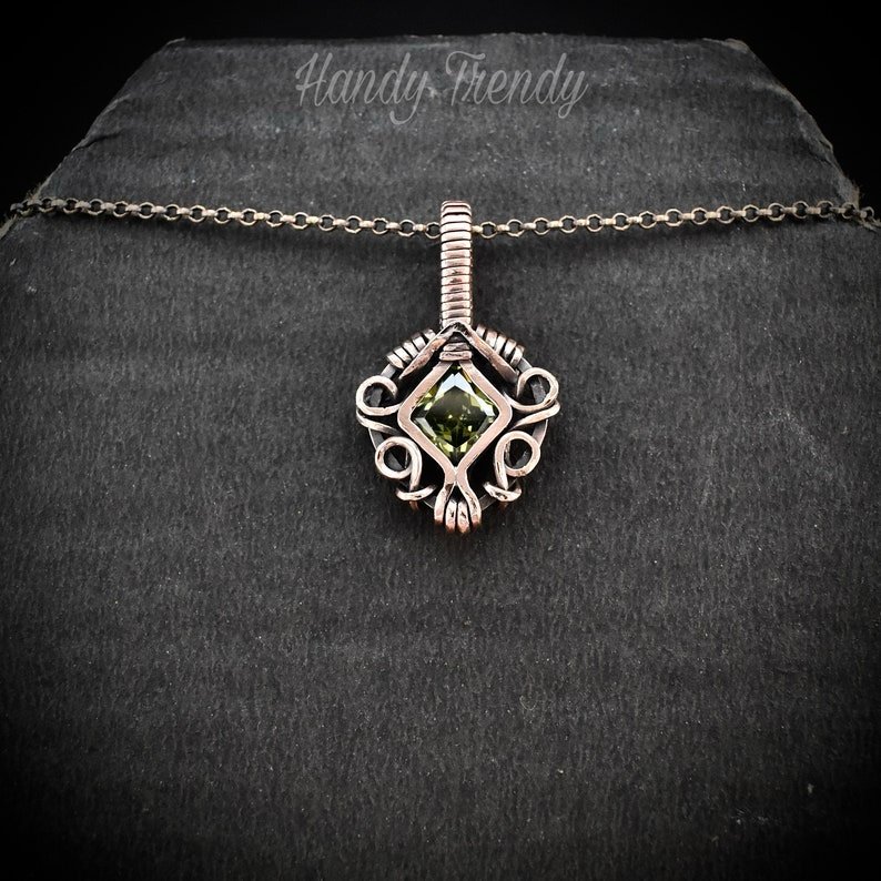 Green cubic zirconia pendant, Free-flow Copper Wire wrapped necklace, Unique handmade gift, One of a kind jewelry, Mini pendant