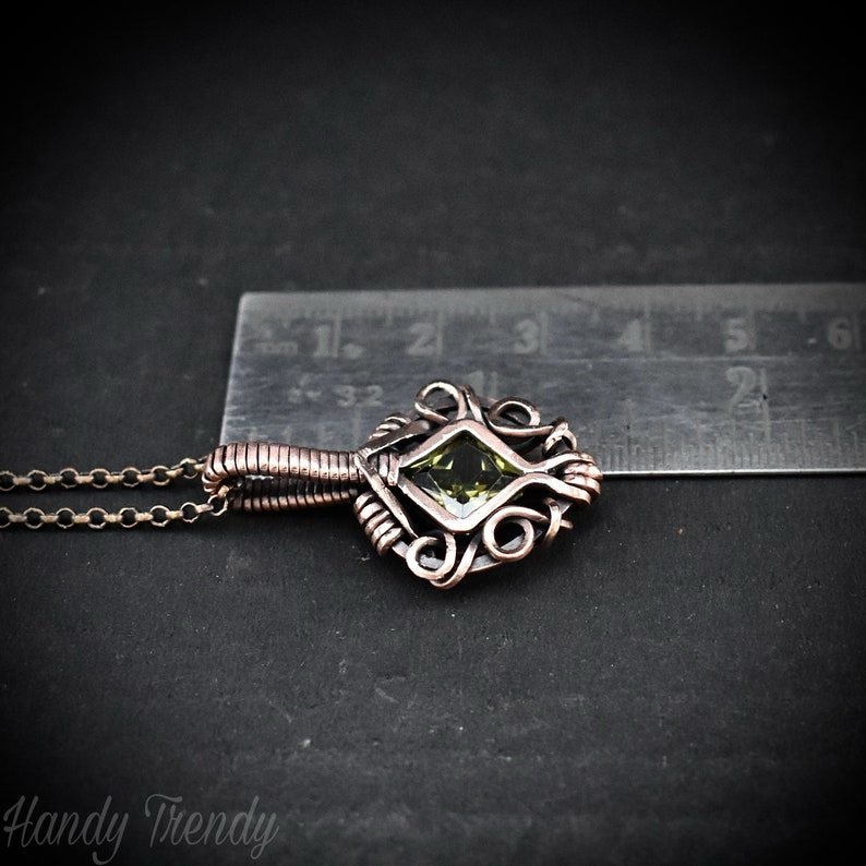 Green cubic zirconia pendant, Free-flow Copper Wire wrapped necklace, Unique handmade gift, One of a kind jewelry, Mini pendant