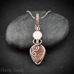 Sunstone and cubic zirconia pendant, Copper wire wrapped necklace, Unique handmade gift, One of a kind jewelry, Artisan jewelry