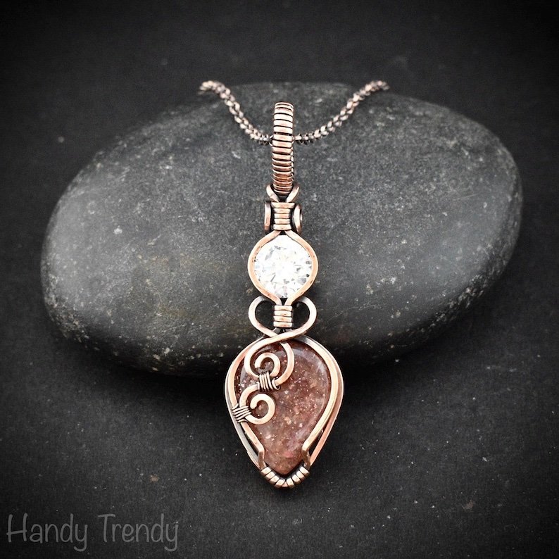 Sunstone and cubic zirconia pendant, Copper wire wrapped necklace, Unique handmade gift, One of a kind jewelry, Artisan jewelry