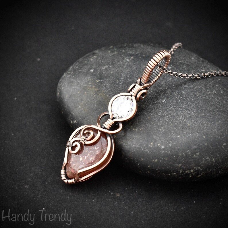 Sunstone and cubic zirconia pendant, Copper wire wrapped necklace, Unique handmade gift, One of a kind jewelry, Artisan jewelry