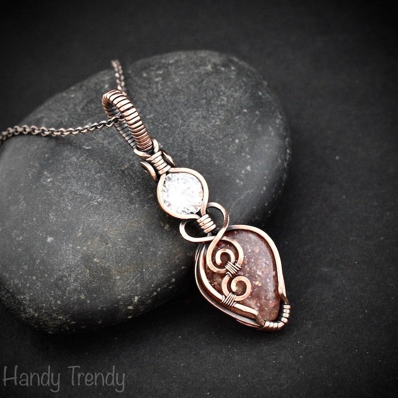 Sunstone and cubic zirconia pendant, Copper wire wrapped necklace, Unique handmade gift, One of a kind jewelry, Artisan jewelry