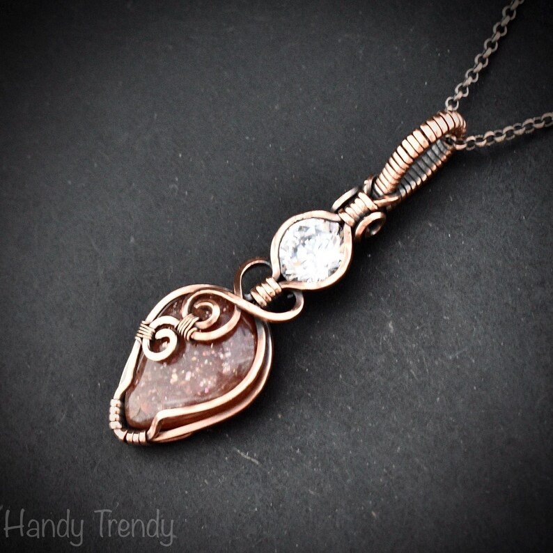 Sunstone and cubic zirconia pendant, Copper wire wrapped necklace, Unique handmade gift, One of a kind jewelry, Artisan jewelry