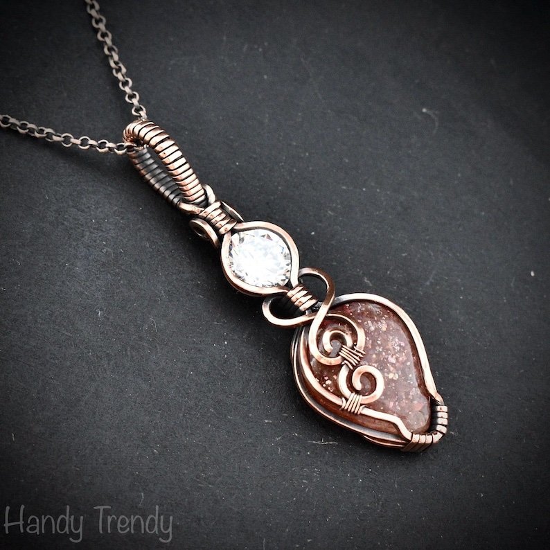 Sunstone and cubic zirconia pendant, Copper wire wrapped necklace, Unique handmade gift, One of a kind jewelry, Artisan jewelry