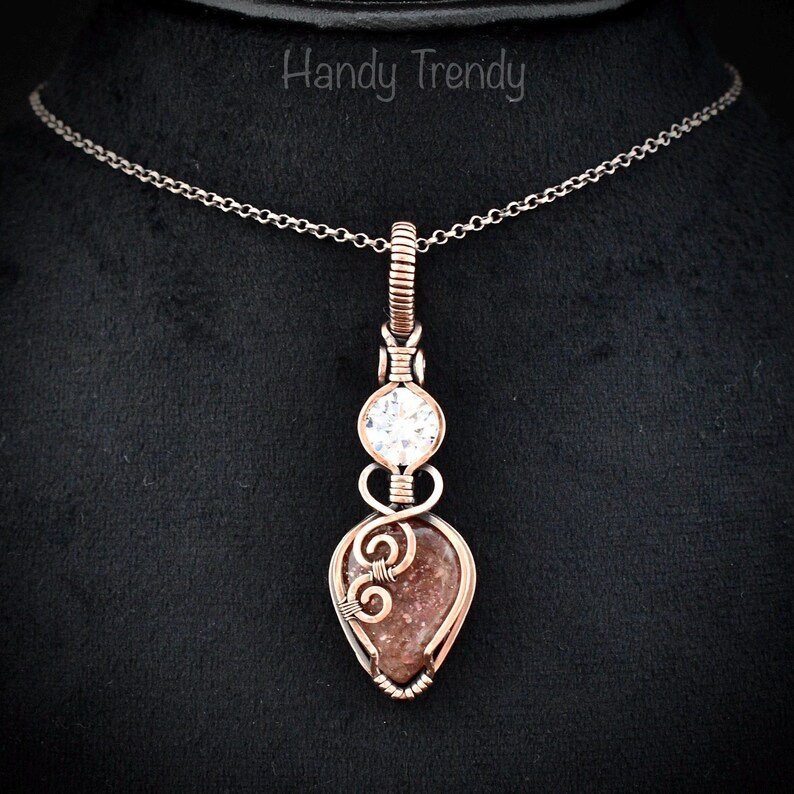 Sunstone and cubic zirconia pendant, Copper wire wrapped necklace, Unique handmade gift, One of a kind jewelry, Artisan jewelry