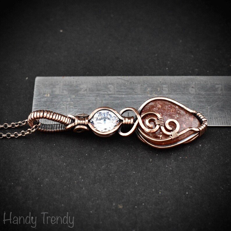 Sunstone and cubic zirconia pendant, Copper wire wrapped necklace, Unique handmade gift, One of a kind jewelry, Artisan jewelry