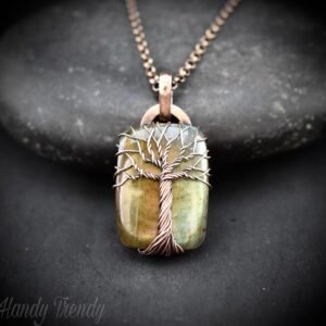 Green labradorite tree of life pendant, Copper wire wrapped jewelry, Unique handmade gift, Celestial artisan jewelry, one of a kind