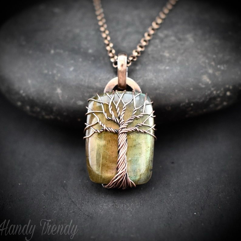 Green labradorite tree of life pendant, Copper wire wrapped jewelry, Unique handmade gift, Celestial artisan jewelry, one of a kind
