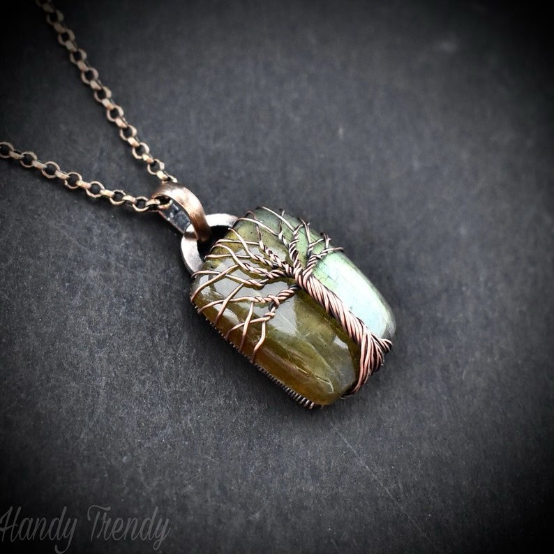 Green labradorite tree of life pendant, Copper wire wrapped jewelry, Unique handmade gift, Celestial artisan jewelry, one of a kind