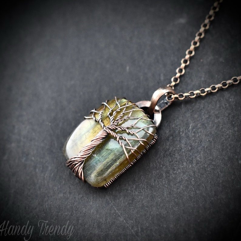 Green labradorite tree of life pendant, Copper wire wrapped jewelry, Unique handmade gift, Celestial artisan jewelry, one of a kind