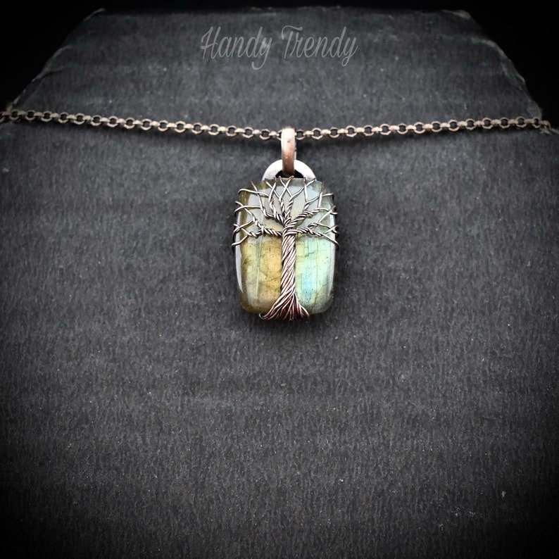Green labradorite tree of life pendant, Copper wire wrapped jewelry, Unique handmade gift, Celestial artisan jewelry, one of a kind