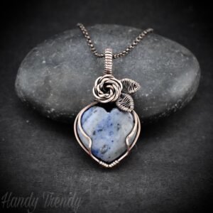 Sodalite heart rose pendant, Copper Wire wrapped necklace, Unique handmade gift, Artisan boho jewelry, Botanical jewellery