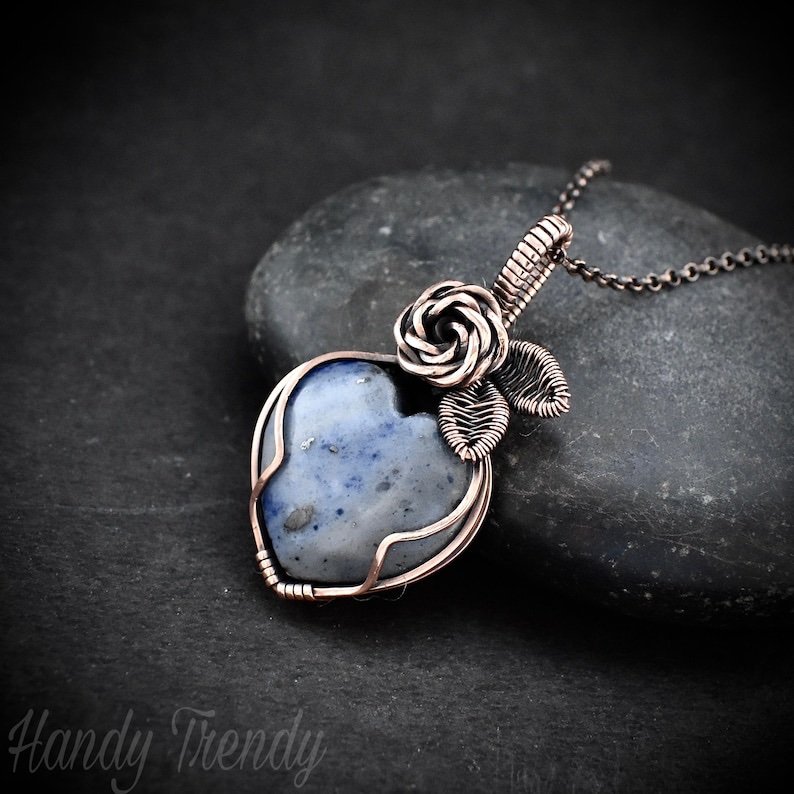 Sodalite heart rose pendant, Copper Wire wrapped necklace, Unique handmade gift, Artisan boho jewelry, Botanical jewellery