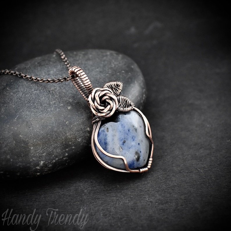 Sodalite heart rose pendant, Copper Wire wrapped necklace, Unique handmade gift, Artisan boho jewelry, Botanical jewellery