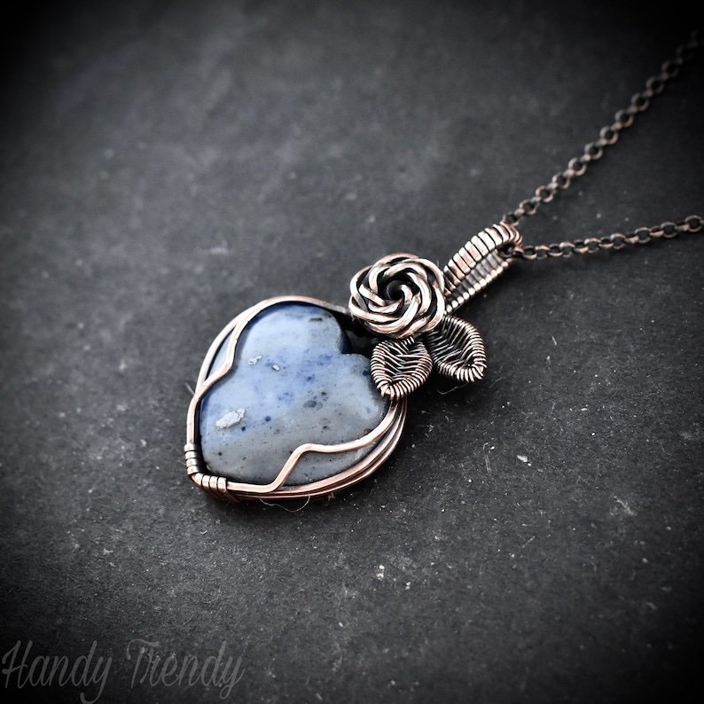 Sodalite heart rose pendant, Copper Wire wrapped necklace, Unique handmade gift, Artisan boho jewelry, Botanical jewellery