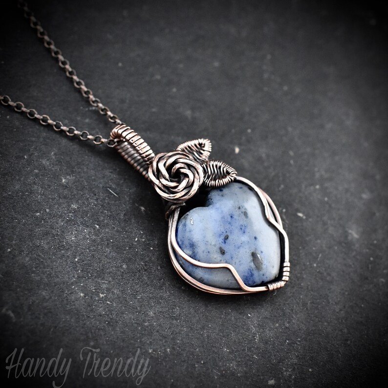 Sodalite heart rose pendant, Copper Wire wrapped necklace, Unique handmade gift, Artisan boho jewelry, Botanical jewellery