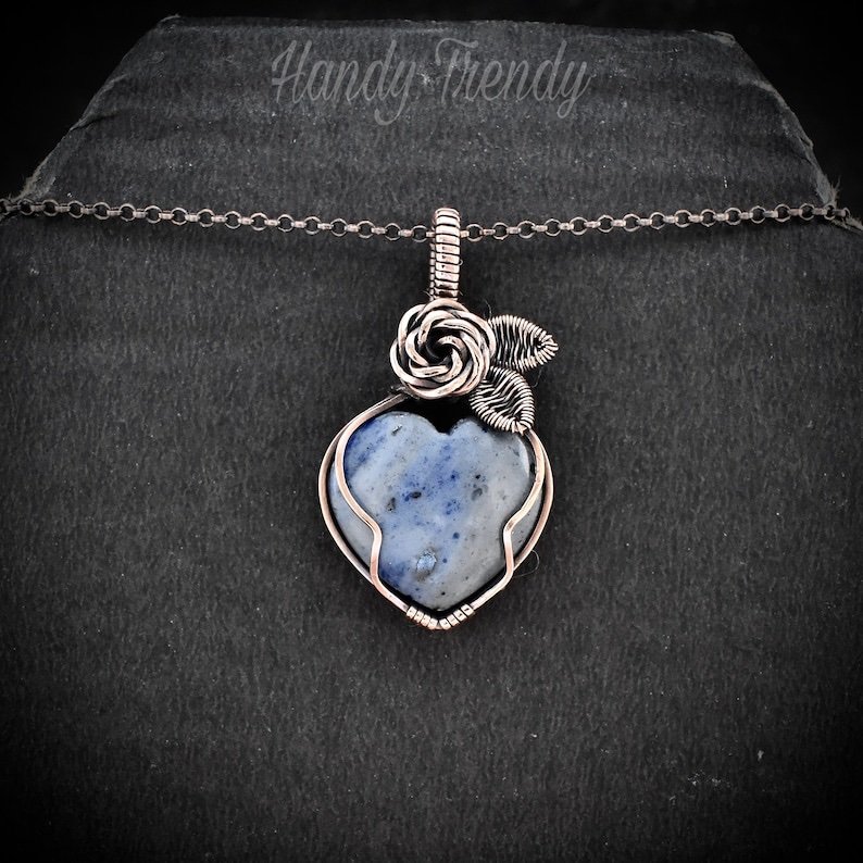 Sodalite heart rose pendant, Copper Wire wrapped necklace, Unique handmade gift, Artisan boho jewelry, Botanical jewellery