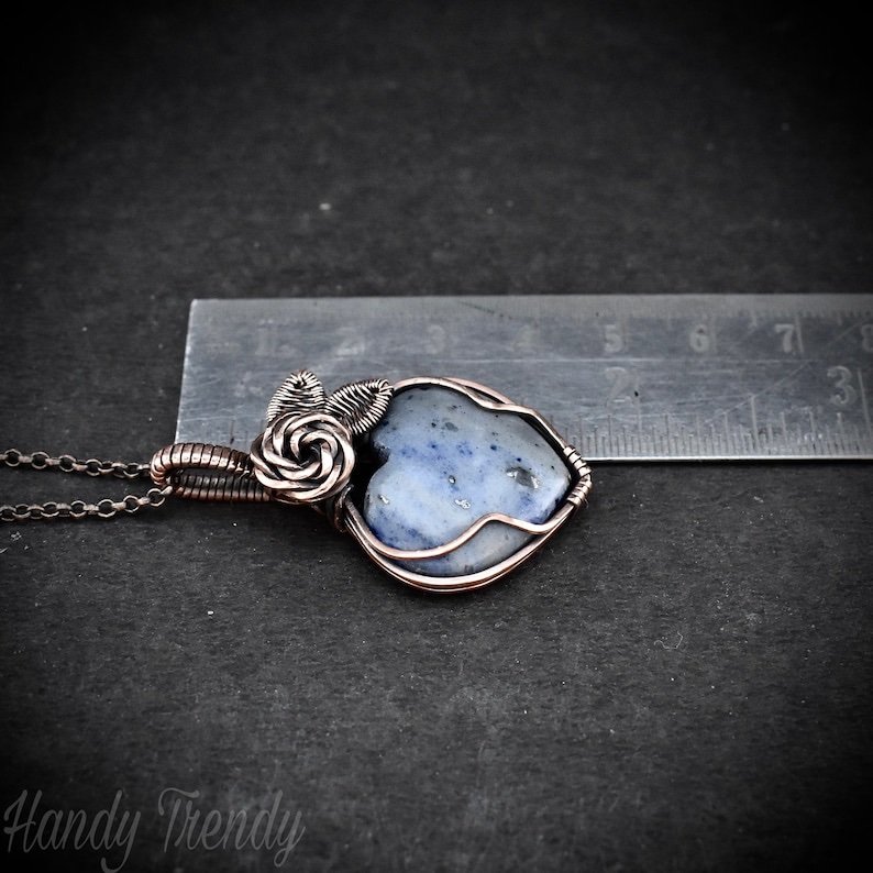 Sodalite heart rose pendant, Copper Wire wrapped necklace, Unique handmade gift, Artisan boho jewelry, Botanical jewellery