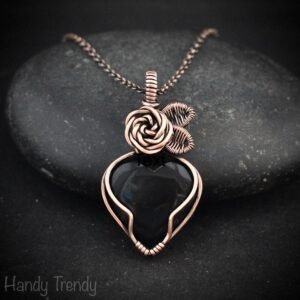 Black onyx heart rose pendant, Copper Wire wrapped necklace, Unique handmade gift, Artisan witch jewelry, Botanical jewellery