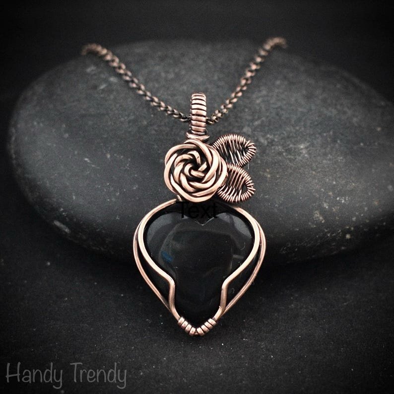 Black onyx heart rose pendant, Copper Wire wrapped necklace, Unique handmade gift, Artisan witch jewelry, Botanical jewellery
