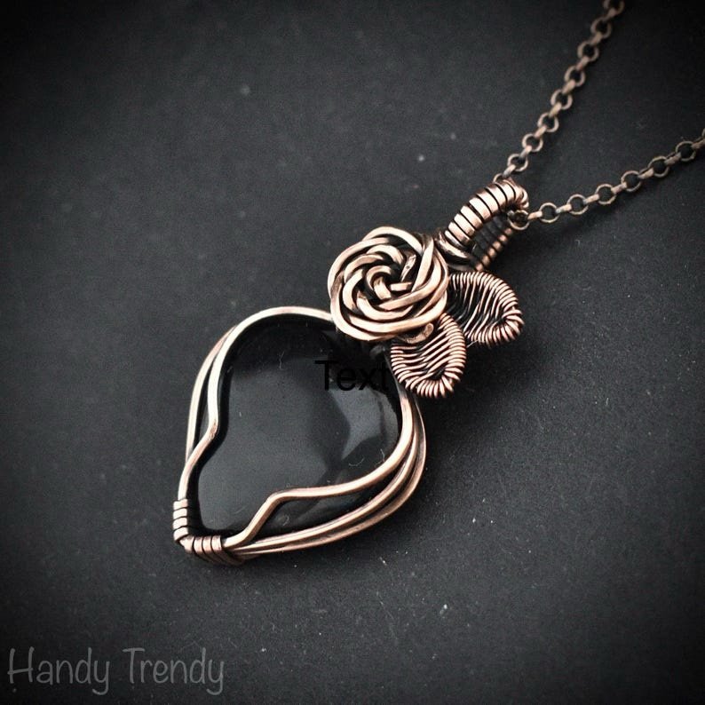 Black onyx heart rose pendant, Copper Wire wrapped necklace, Unique handmade gift, Artisan witch jewelry, Botanical jewellery