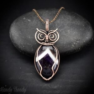Star amethyst owl pendant, Copper wire wrapped necklace, Unique handmade gift, One of a kind jewelry, Animal jewelry, Bird necklace