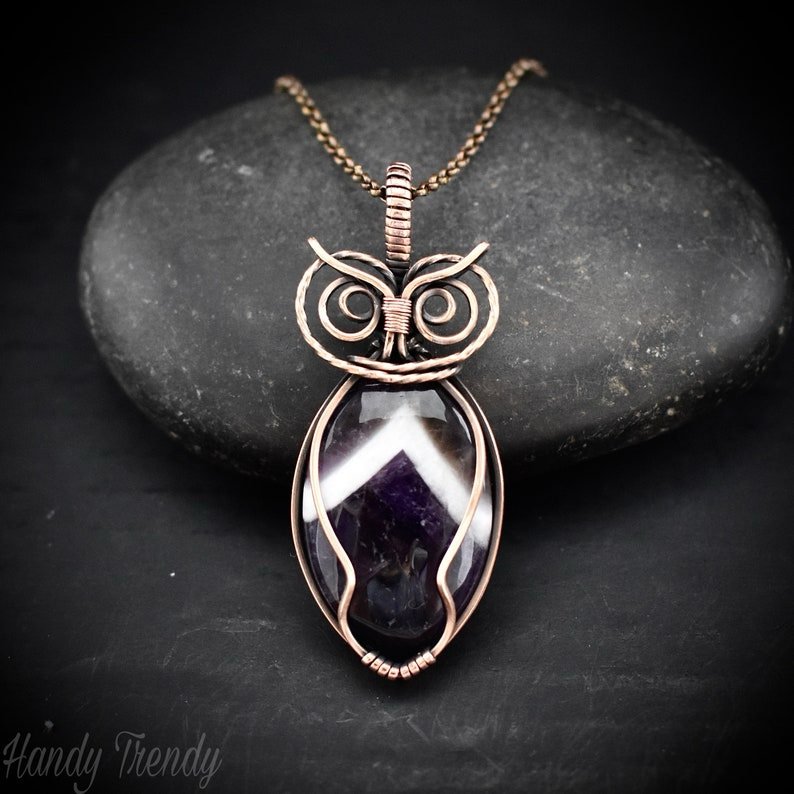 Star amethyst owl pendant, Copper wire wrapped necklace, Unique handmade gift, One of a kind jewelry, Animal jewelry, Bird necklace