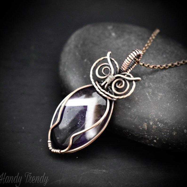 Star amethyst owl pendant, Copper wire wrapped necklace, Unique handmade gift, One of a kind jewelry, Animal jewelry, Bird necklace
