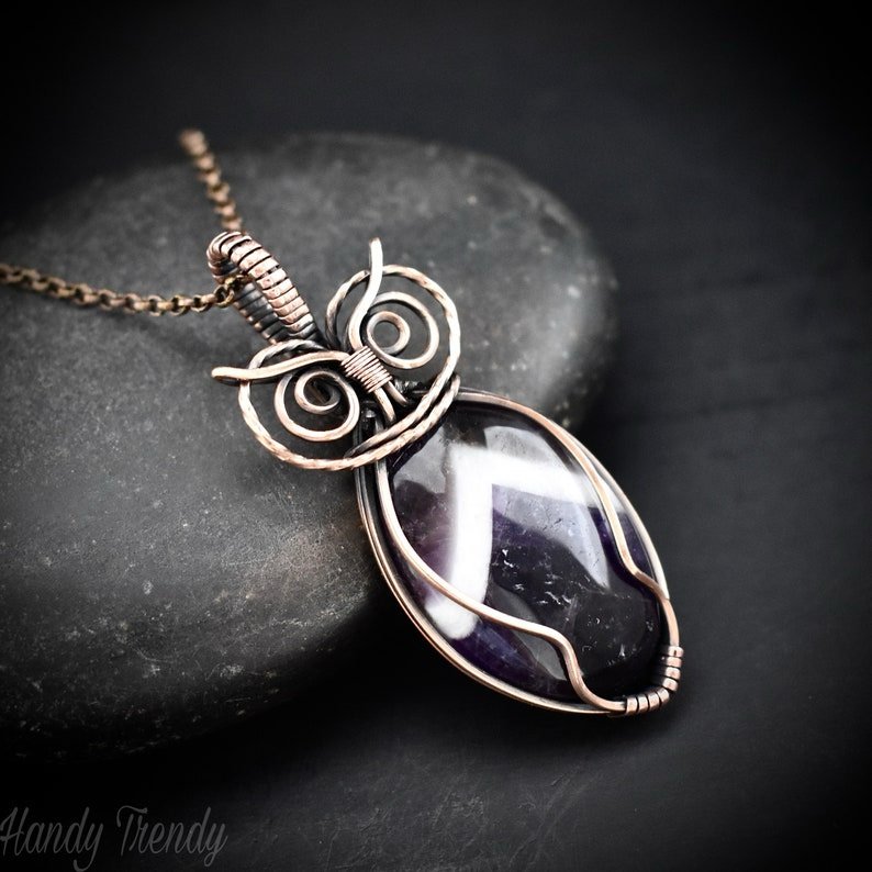 Star amethyst owl pendant, Copper wire wrapped necklace, Unique handmade gift, One of a kind jewelry, Animal jewelry, Bird necklace
