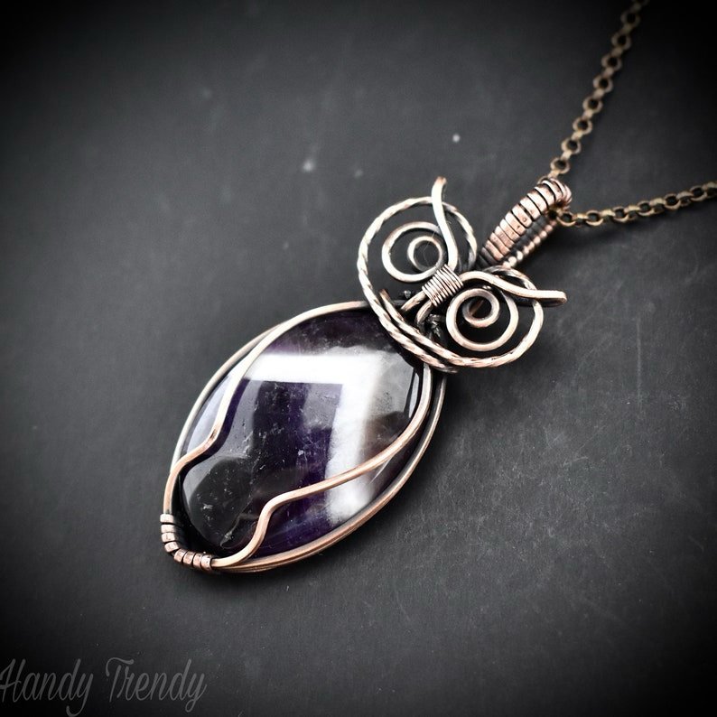 Star amethyst owl pendant, Copper wire wrapped necklace, Unique handmade gift, One of a kind jewelry, Animal jewelry, Bird necklace
