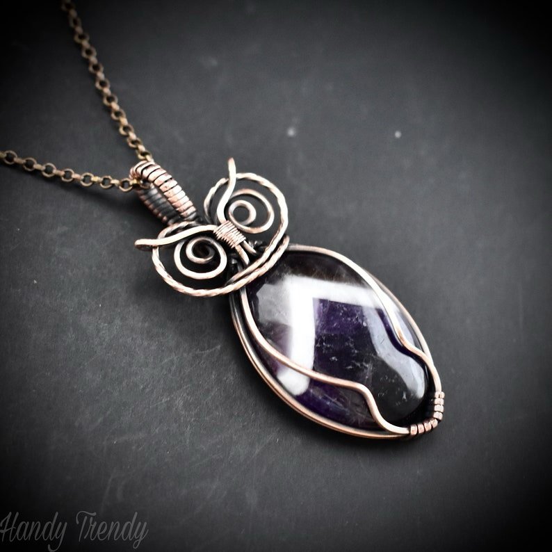 Star amethyst owl pendant, Copper wire wrapped necklace, Unique handmade gift, One of a kind jewelry, Animal jewelry, Bird necklace