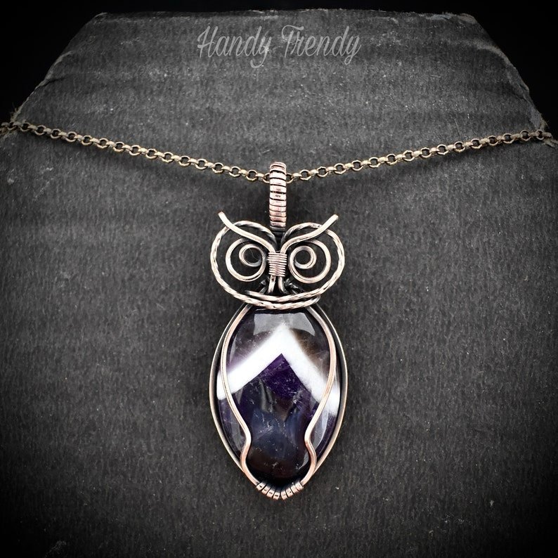 Star amethyst owl pendant, Copper wire wrapped necklace, Unique handmade gift, One of a kind jewelry, Animal jewelry, Bird necklace