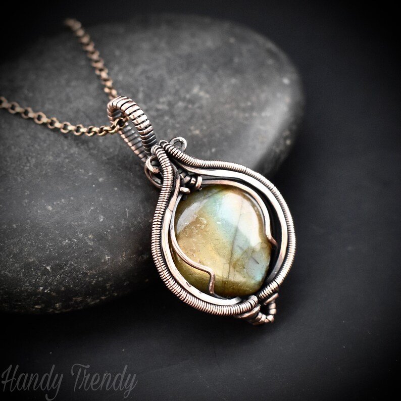 Labradorite pendant, Copper Wire wrapped necklace, Unique handmade gift, One of a kind artisan boho jewelry