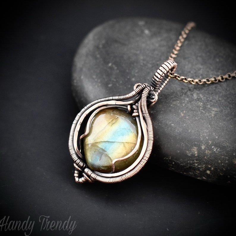 Labradorite pendant, Copper Wire wrapped necklace, Unique handmade gift, One of a kind artisan boho jewelry
