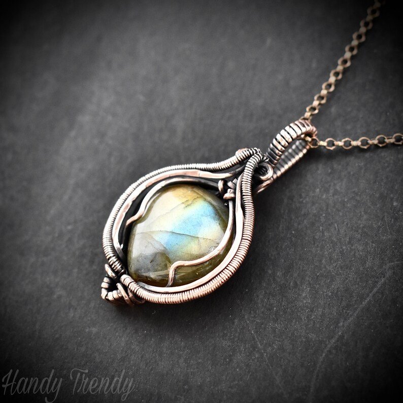 Labradorite pendant, Copper Wire wrapped necklace, Unique handmade gift, One of a kind artisan boho jewelry