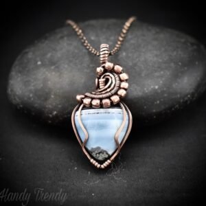 Blue opal wave pendant, Wire wrap copper necklace, Unique Anniversary gift, Statement jewelry, One of a kind artisan boho jewellery