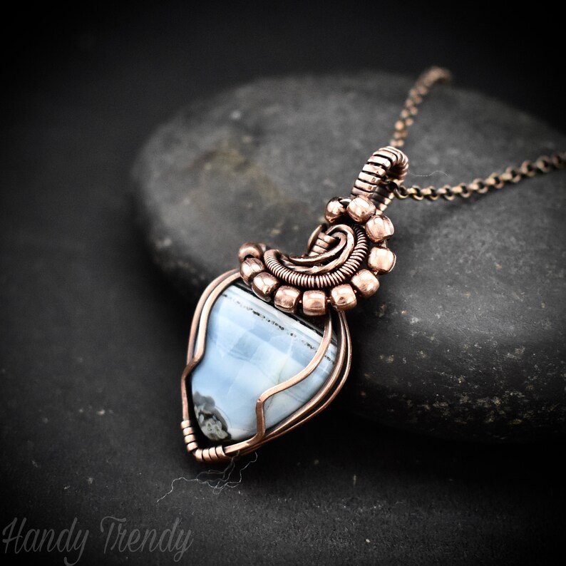 Blue opal wave pendant, Wire wrap copper necklace, Unique Anniversary gift, Statement jewelry, One of a kind artisan boho jewellery