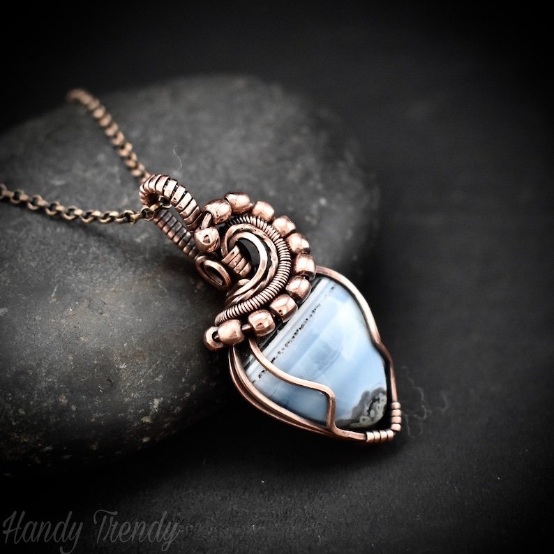 Blue opal wave pendant, Wire wrap copper necklace, Unique Anniversary gift, Statement jewelry, One of a kind artisan boho jewellery