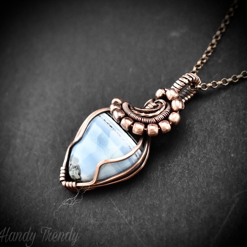Blue opal wave pendant, Wire wrap copper necklace, Unique Anniversary gift, Statement jewelry, One of a kind artisan boho jewellery