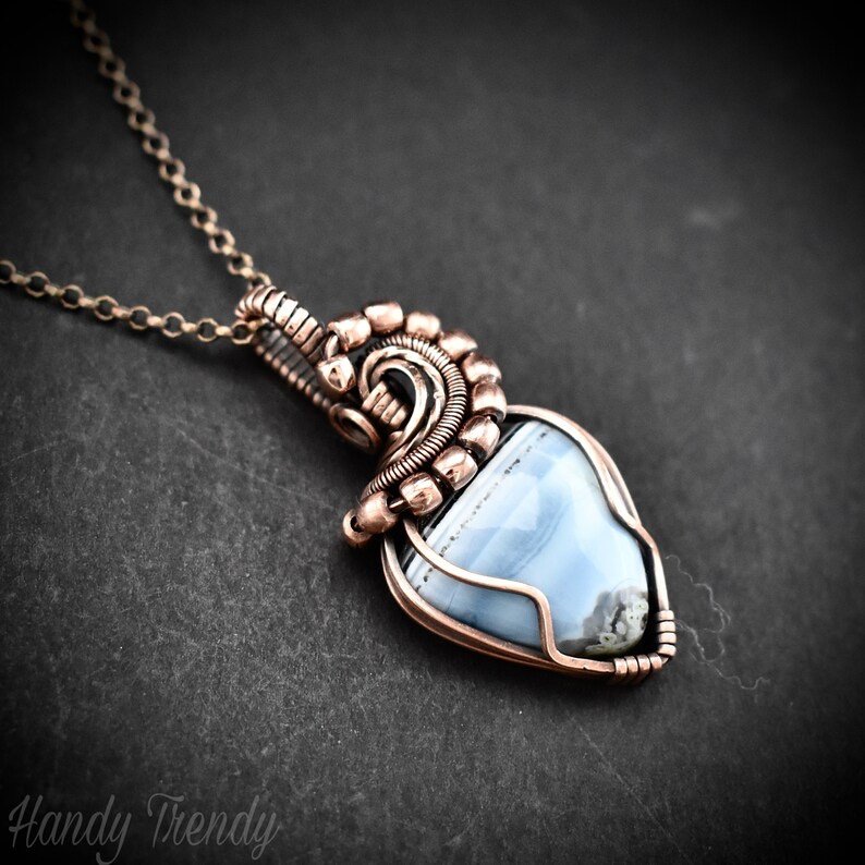 Blue opal wave pendant, Wire wrap copper necklace, Unique Anniversary gift, Statement jewelry, One of a kind artisan boho jewellery