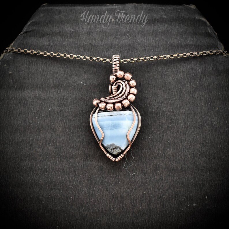 Blue opal wave pendant, Wire wrap copper necklace, Unique Anniversary gift, Statement jewelry, One of a kind artisan boho jewellery