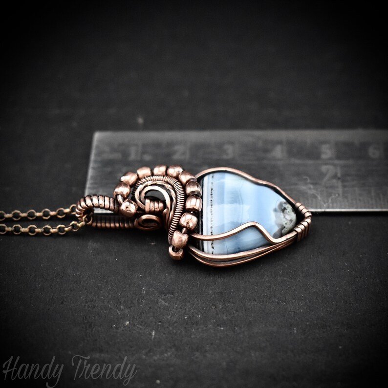 Blue opal wave pendant, Wire wrap copper necklace, Unique Anniversary gift, Statement jewelry, One of a kind artisan boho jewellery