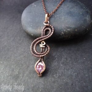 Treble clef pendant, Pink cubic zirconia wire wrapped necklace, Handmade birthday gift, Music note pendant
