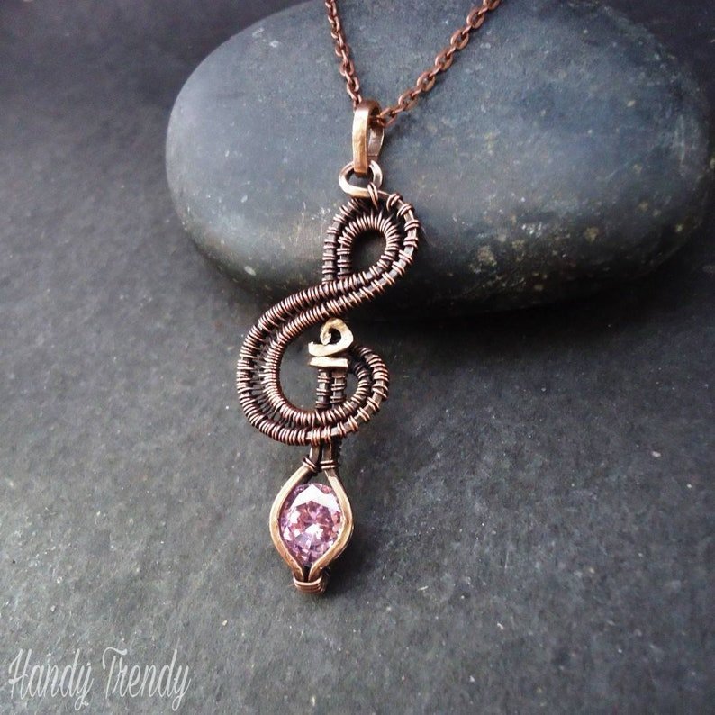 Treble clef pendant, Pink cubic zirconia wire wrapped necklace, Handmade birthday gift, Music note pendant