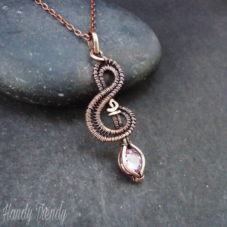 Treble clef pendant, Pink cubic zirconia wire wrapped necklace, Handmade birthday gift, Music note pendant
